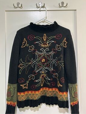 Vintage Curio Black Embroidered Floral Sweater L Ramie 90s Boho